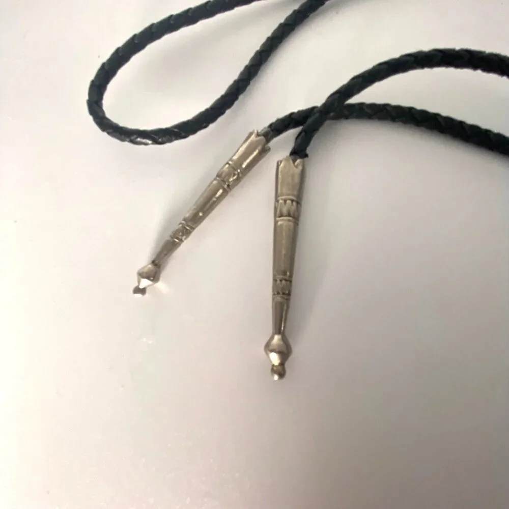 Vintage Thunderbird Turquoise  Silver Tone Kachina Bolo Tie Braided Leather Cord - Picture 3 of 6